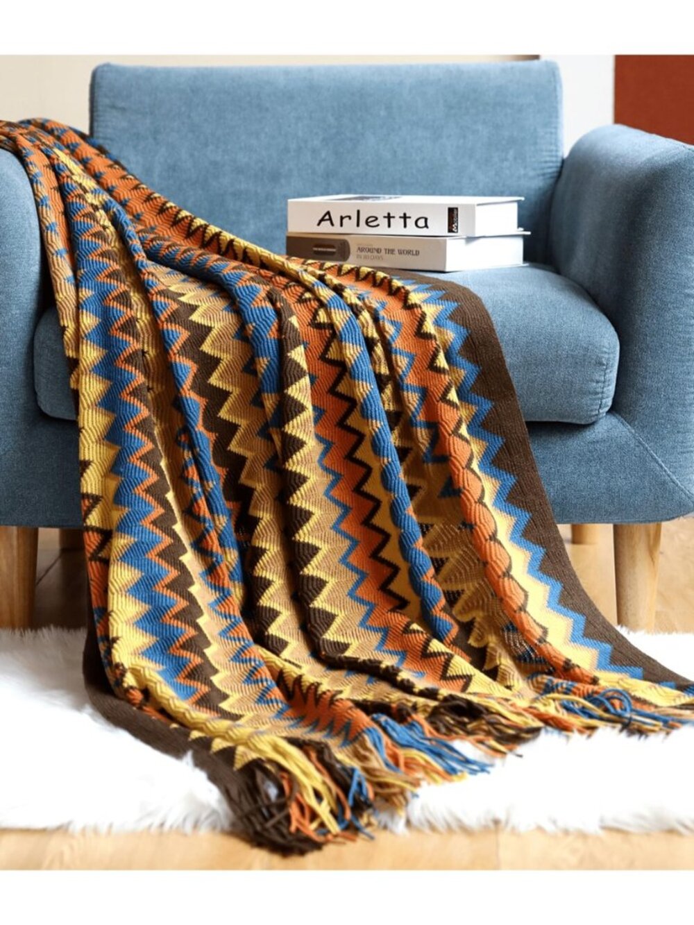 Throw Blanket Bohemian Knitted with Tassel 50x60 Inch (Coffee)